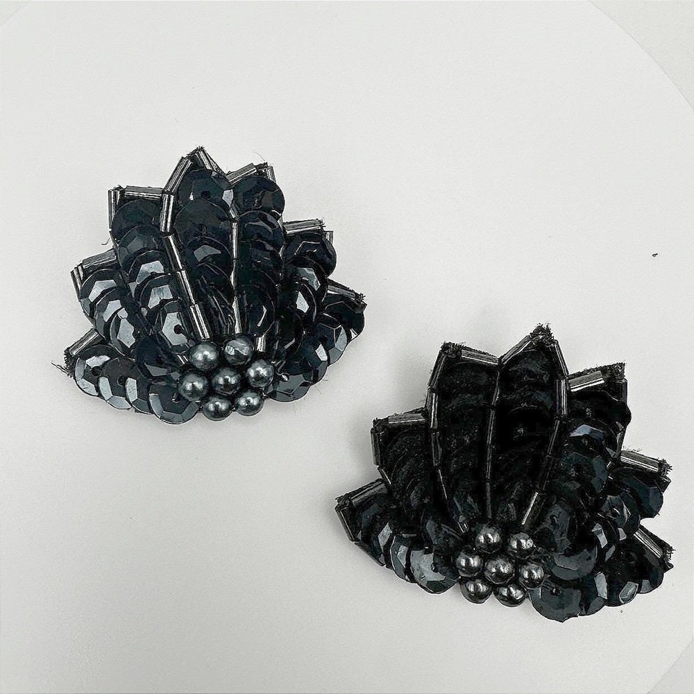 Vintage 80s Black Beaded Sequin Statement Floral Earrings Women's Jewelry Retro